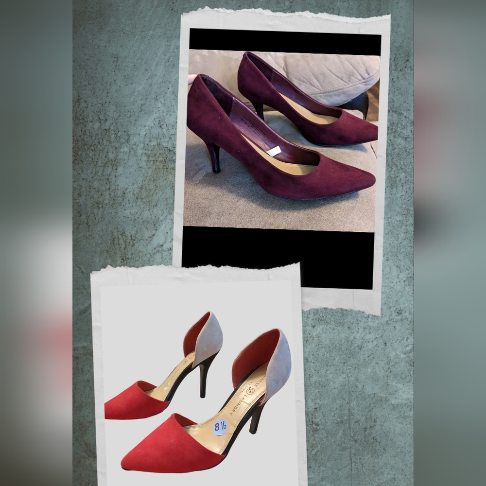 2 prs suede mid/ high heels size 8.5, burgundy Merona, red/beige Chinese Laundry